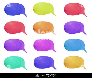 Serie di acquerelli di coloratissimi fumetti o nubi di conversazione. Isolato su sfondo bianco. Foto Stock