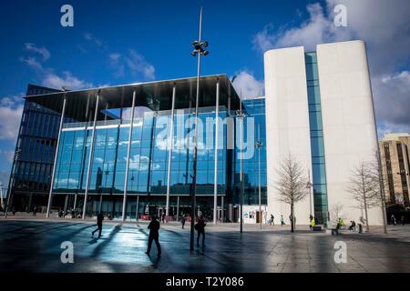 Vista generale del nuovo 100 milioni di sterline BBC Galles sede in Cardiff City Centre, pianificata per essere pienamente operativa entro il mese di marzo 2020. Foto Stock