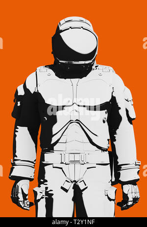 Bianco e nero astronauta funzionale attività extravehicular tuta spaziale su sfondo arancione. Vista frontale ravvicinata linea, arte digitale rendering illustr Foto Stock