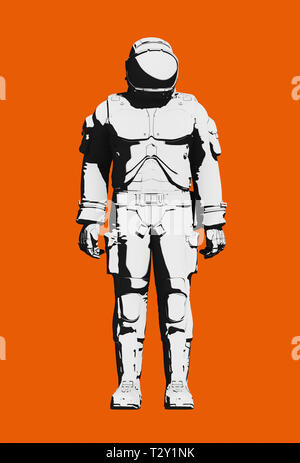 Astronauta tuta spaziale per attività extravehicular, design funzionale. In bianco e nero su sfondo arancione. Vista frontale, line art rendering illu digitale Foto Stock