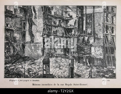 Bruciate le case sulla rue Royale Saint-Honore durante la Comune di Parigi del 1871. Incisione dopo una fotografia. Foto Stock