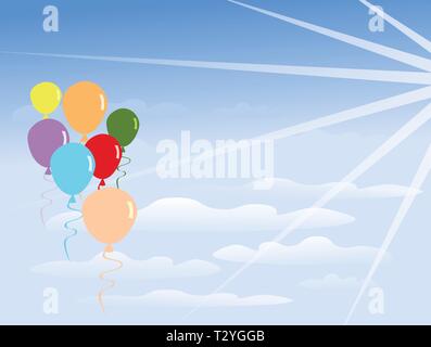 Gruppo di palloncini colorati è flottante su un cloud. Vi è la luce dal sole che splende,cielo blu sullo sfondo Illustrazione Vettoriale