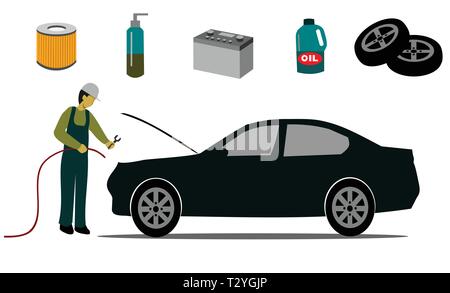 La car service center è il controllo auto su sfondo bianco Illustrazione Vettoriale