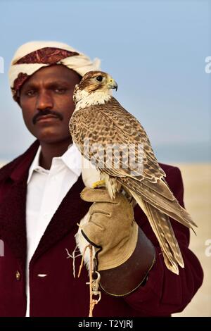 Falconer con la sua Falcon, Sealine dune, Mesaieed, Doha, Qatar, in Qatar Foto Stock