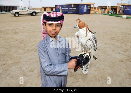 Qatar ragazzo con falcon presso Marmi Falcon Festival, Sealine dune, Mesaieed, Doha, Qatar Foto Stock