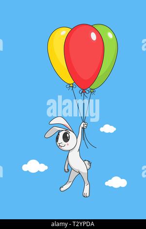 Illustrazione vettoriale di un simpatico coniglio bianco è volare su palloncini. Il coniglio è isolato su uno sfondo blu con le nuvole. Illustrazione Vettoriale