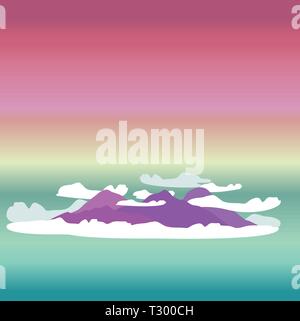 Cartoon carino illustrazione vettoriale di nuvole e colline viola su rainbow kawaii sfondo, grazioso paesaggio surreale, disegno concettuale per il web e Illustrazione Vettoriale
