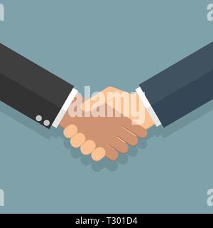 Handshake Businessmans. illustrazione vettoriale in design piatto a sfondo grigio. stringono le mani. esito della transazione Illustrazione Vettoriale