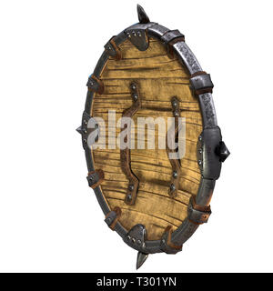 Fantasy round viking scudo in legno isolato su un background. 3d illustrazione Foto Stock