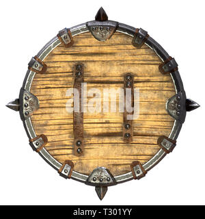 Fantasy round viking scudo in legno isolato su un background. 3d illustrazione Foto Stock