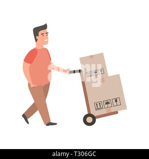 L'uomo porta un carrello con le caselle. Consegna merci con dolly a mano. Delivery Guy spingendo un carrello con gli acquisti. Illustrazione Vettoriale