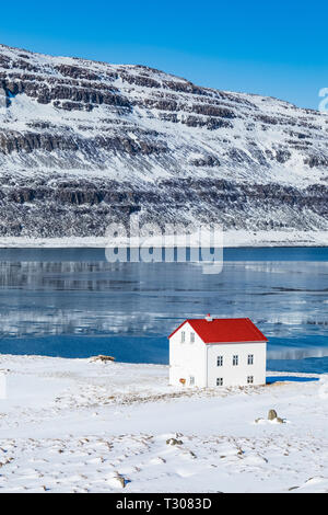 Casa con il tetto rosso nel drammatico paesaggio invernale lungo il fiordo Ísafjarðardjúp nei pressi di Ísafjörður nella regione Westfjords, Islanda [alcuna proprietà di rilascio; av Foto Stock