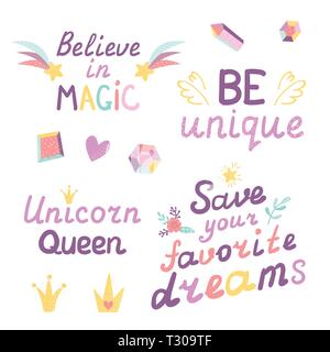 Unicorn lettering iscrizione preventivo positivo, calligrafia illustrazione vettoriale. Segno di testo slogan design per preventivo poster, biglietto di auguri, stampa cool ba Illustrazione Vettoriale