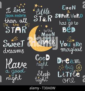 Set di vettore di notte lettering con Cartoon carino frasi. Belle frasi per baby camere o in camera da letto. Illustrazione Vettoriale