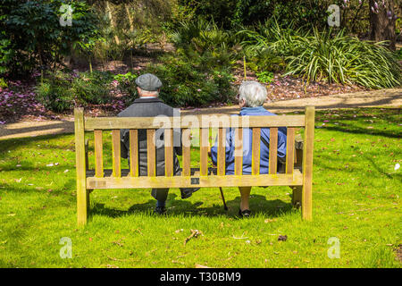 Irriconoscibile coppia di anziani seduti su una tavola di legno una panchina nel parco. Vista da dietro Foto Stock