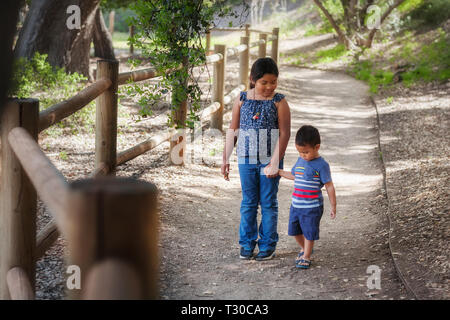 Vecchia sorella tenendo i piccoli fratelli mano mentre si cammina in un sentiero alberato la California in un parco nazionale. Foto Stock