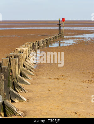 Legno curve groyne nella distanza terminante in un lampeggiante a bassa marea sul Humber Estuary a Cleethorpes Beach, Lincolnshire, Inghilterra, Foto Stock