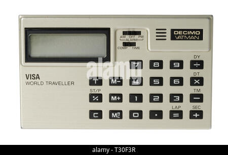 A partire dagli anni settanta calcolatrice tascabile. Semplici operazioni aritmetiche macchina, dispositivo palmare. Decimo Vatman Visa in World Traveller Foto Stock