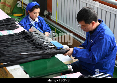 (190405) -- DONGXIANG, 5 aprile 2019 (Xinhua) -- lavoratori inserire maniglie ombrello a un workshop in Dongxiang contea autonoma, a nord-ovest della Cina di Provincia di Gansu, 3 aprile 2019. Dal 2018, la lotta contro la povertà i workshop hanno dato la priorità ad accelerare la povertà continua campagna di aiuti in Dongxiang contea autonoma, da cui poveri hanno guadagnato un costante lavoro per contribuire a sollevare il loro stato di povertà. Finora, 18 alleviamento della povertà workshop sono stati stabiliti, la creazione di opportunità di lavoro per oltre 700 locali, compresi più di 500 registrati persone povere. Per CAP Foto Stock