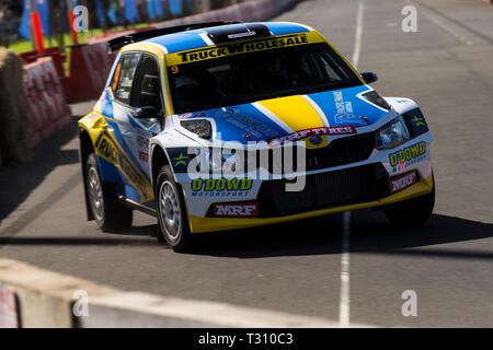 Nannup, Australia occidentale, Australia. 5 apr, 2019. ARC CAMME Australian Rally Championship Round 1, giorno 1; il numero 9 Skoda Fabia R5 pilotato da John O'Dowd e co-driver Toni africana durante lo stadio 1 in Busselton Credito: Azione Sport Plus/Alamy Live News Foto Stock