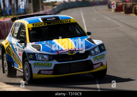 Nannup, Australia occidentale, Australia. 5 apr, 2019. ARC CAMME Australian Rally Championship Round 1, giorno 1; il numero 9 Skoda Fabia R5 pilotato da John O'Dowd e co-driver Toni africana durante lo stadio 1 in Busselton Credito: Azione Sport Plus/Alamy Live News Foto Stock