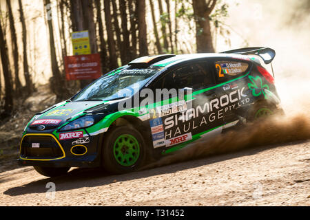 Nannup, Australia occidentale, Australia. 6 apr, 2019. ARC CAMME Australian Rally Championship Round 1, giorno 2; il numero 2 Ford Fiesta pilotato da Richie Dalton e co-azionato da Dale Moscatt durante la fase di Galena Credito: Azione Sport Plus/Alamy Live News Foto Stock