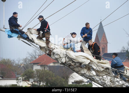 Greifswald Wieck, Germania. 06 apr, 2019. I marinai salire nel porto di Wieck vicino a Greifswald in un armamento di la goletta brig 'Greif'. Dopo la pausa invernale la "chiara nave" è realizzato e la vela di nave di formazione è manipolato nuovamente verso l'alto. Il 40 metro lungo due-masted barque, costruito nel 1951 come la RDT vela nave di formazione " Wilhelm Pieck ", verrà impostato su off 18.04.2019 per il suo primo multi-giorni del viaggio di Bornholm. Quest'anno, visite guidate a vari porti del Mar Baltico in Danimarca, Svezia, Polonia e Estonia sono previste. Credito: Stefan Sauer/dpa/Alamy Live News Foto Stock