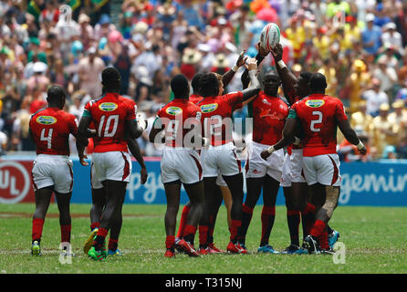 Hong Kong Stadium, Hong Kong. 6 apr, 2019. HSBC Rugby Sevens Hong Kong, giorno 2; Kenya giocatori celebrare Credito: Azione Sport Plus/Alamy Live News Foto Stock