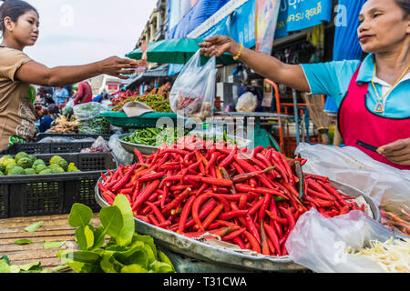 Febbraio 2019. Città di Phuket Thailandia. Chilis per la vendita alla 24 ora il mercato locale della frutta nella vecchia città di Phuket Foto Stock