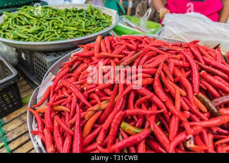 Febbraio 2019. Città di Phuket Thailandia. Chilis per la vendita alla 24 ora il mercato locale della frutta nella vecchia città di Phuket Foto Stock