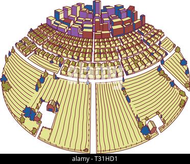 Un grafico a torta info graphic dotato di una città, suburbana case e neighburhoods e case rurali, aziende agricole e terreni agricoli. Illustrazione Vettoriale