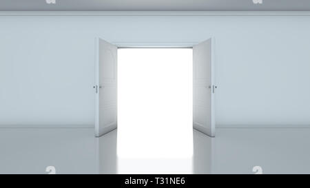 3D render di luce nella stanza vuota attraverso le porte aperte. Porta rivelando luce brillante in grigio opaco camera. Foto Stock