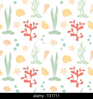 Carino estate vettore seamless pattern illustrazione dello sfondo con conchiglie, coralli e starfishes Illustrazione Vettoriale