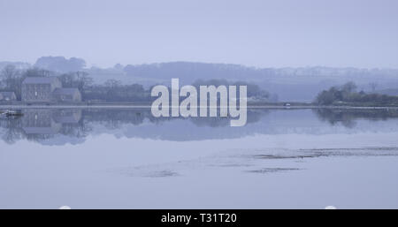 Mulino a Carew Castle riflettendo in acqua in una nebbiosa mattina, Pembrokeshire, Galles Foto Stock