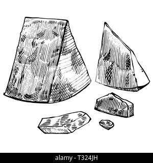Il formaggio parmigiano reggiano su sfondo bianco. Disegnata a mano illustrazione di formaggi di . Isolato su bianco. Line art Foto Stock