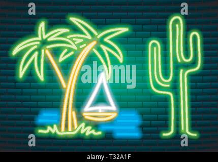 Insegne al neon e icone. Cactus e piante tropicali, palme e foglie. Notte cartello luminoso, luce incandescente banner. Il logo di estate. Vettore modificabile Illustrazione Vettoriale