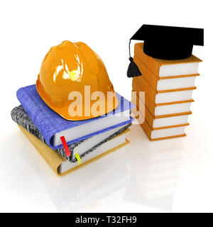 Elmetto e graduazione hat su una pelle di libri e note. Il concetto di edication per lavoro. 3D render Foto Stock