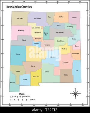 Stato del New Mexico delineare politiche ed amministrative mappa vettoriale a colori Illustrazione Vettoriale