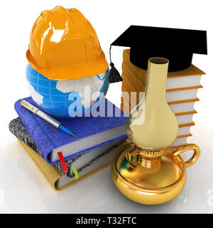 Elmetto e graduazione hat su una pelle di libri e note con retro lampada di kerosene. Il concetto globale con la massa di edication per lavoro. 3D render Foto Stock