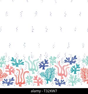 Whimsical carino Hand-Drawn Sea Life, coralli, alghe, alghe vettore confine senza giunture e Pattern. Luminose Sfondo oceano. In piano sotto il mare di disegni Illustrazione Vettoriale