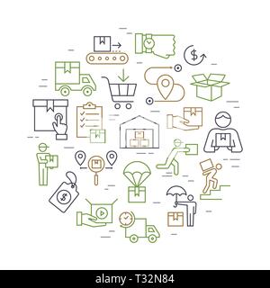 Circolare modello colorato consegna set di logistica in stile appartamento. Icone vettoriali per il web, una infografica o stampa. Illustrazione Vettoriale