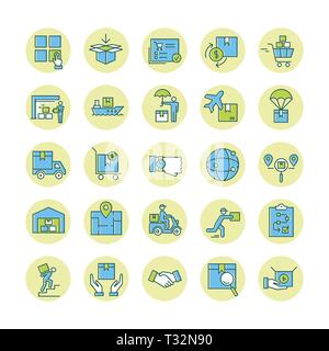 Colorato isolati su sfondo bianco consegna veloce logistic icone grandi serie in stile appartamento. Icone vettoriali per il web, una infografica o stampa. Illustrazione Vettoriale
