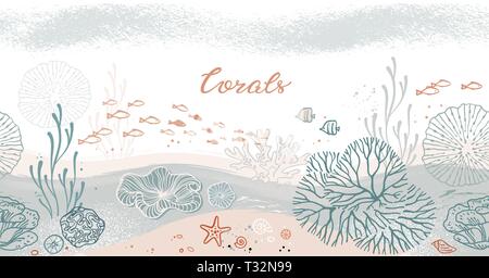 Seamless pattern orizzontale con i coralli, alghe, pesci e stelle marine. Icone di piatto con le piante del mare e i simboli. Impostare il colore di illustrazioni vettoriali. Illustrazione Vettoriale