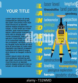 Geodetiche apparecchiature di misurazione, tecnologia e ingegneria per il land survey banner su sfondo blu. Isolare icona della stazione totale Illustrazione Vettoriale