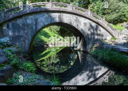 Luna piena Bridge, Koishikawa Korakuen, Tokyo, Giappone Foto Stock