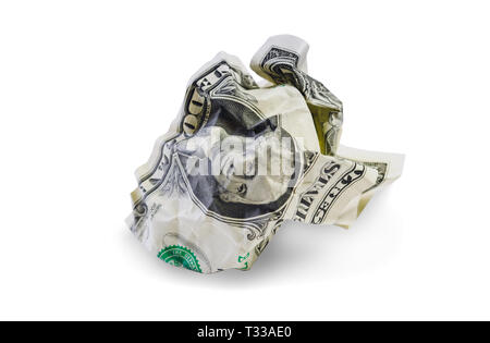 Un dollaro spiegazzata isolata su sfondo bianco. Percorso di clipping incluso Foto Stock