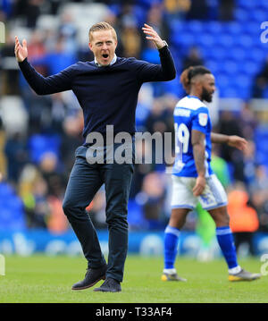Birmingham manager Garry Monaco celebra dopo la vittoria su Leeds United (1-0) durante il match tra Birmingham City e Leeds United. Credito: Foto Stock