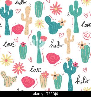 Carino cactus tropicali disegnati a mano senza giunture di pattern Illustrazione Vettoriale