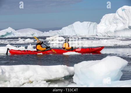 Kayak da mare con turisti provenienti da un'Antartide la nave di crociera nel canale di Lemaire, Graham Land, Antartico peninsulare. Foto Stock