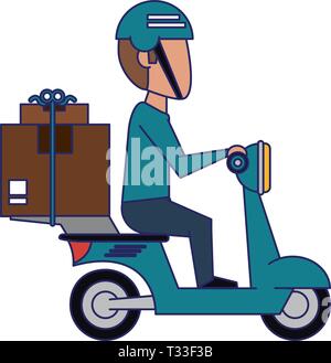 Delivery Guy scooter guida con scatole delle linee blu Illustrazione Vettoriale